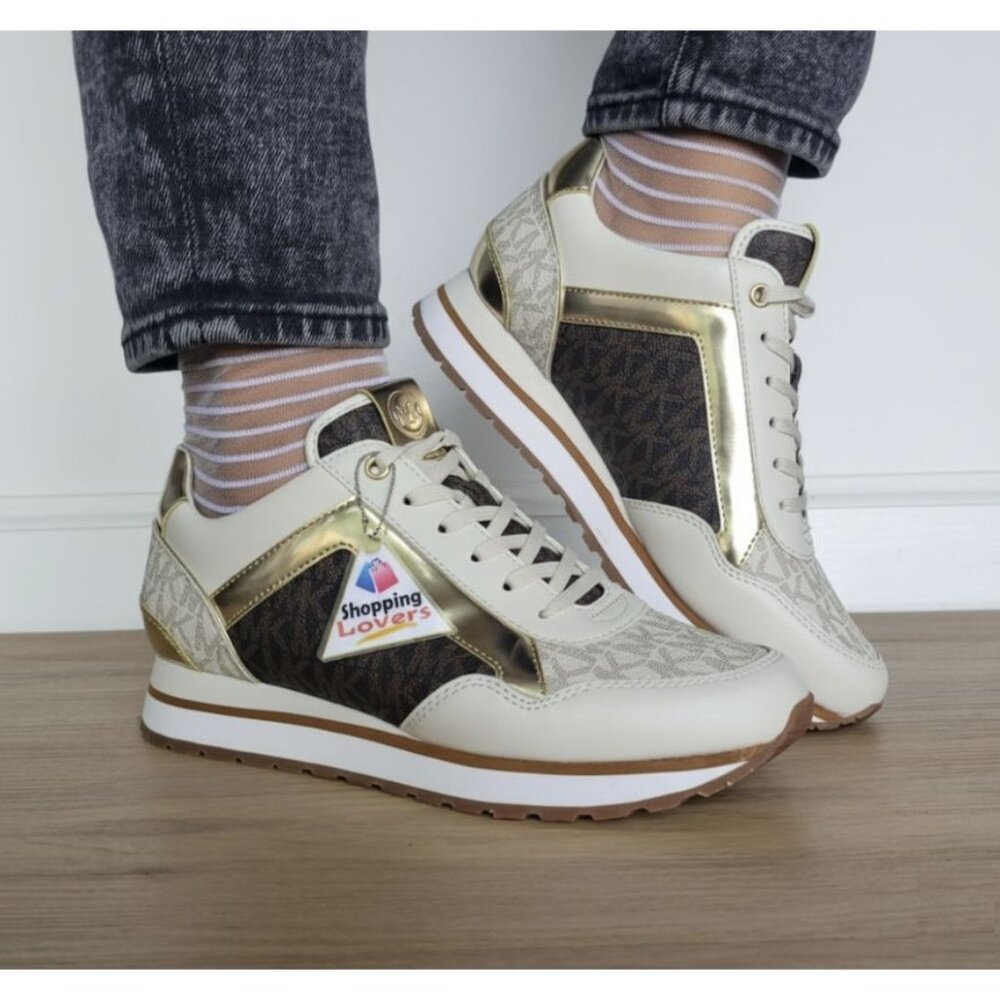 🤩Michael Kors Maddy Mixed Media Trainer Sz 7.5 Women Fashion Shoes Vanilla Gold